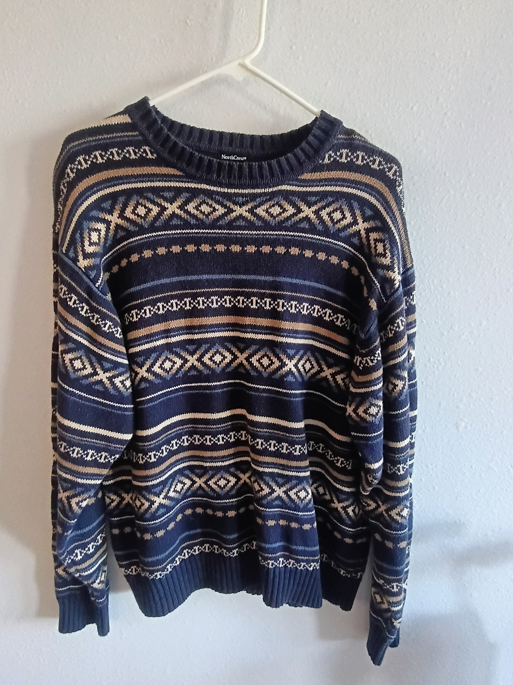NorthCrest Fair Isle Sweater Mens Large Navy Cream Knit Crewneck Ramie Cotton